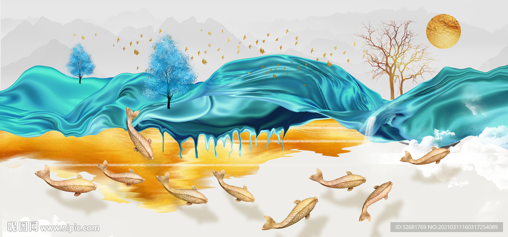 九鱼图山水玄关晶瓷画