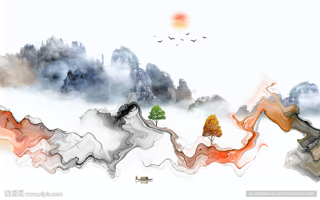 线条山水意境画 tif分层