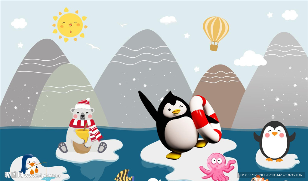 卡通动物企鹅海边背景图片