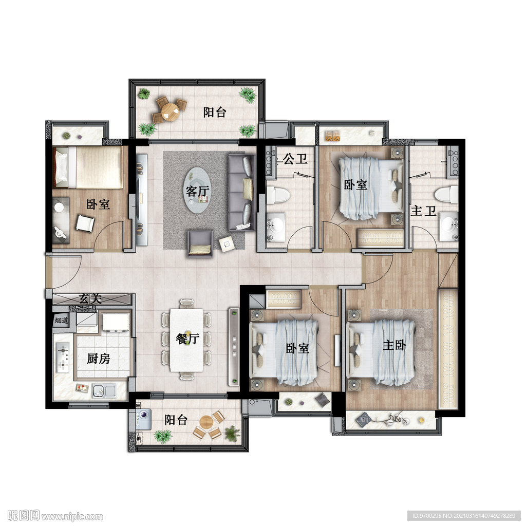 彩色高端手绘别墅平面高清户型图