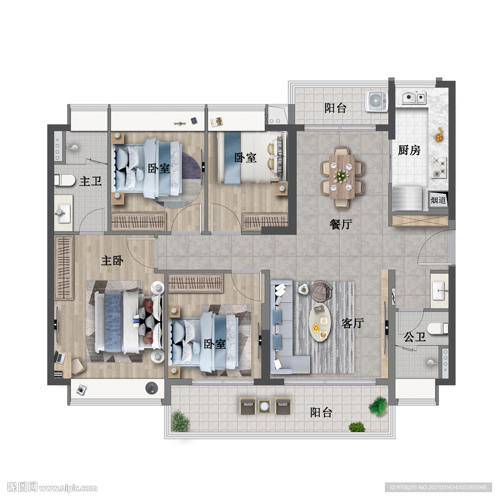 彩色高端手绘平面高清户型图图片