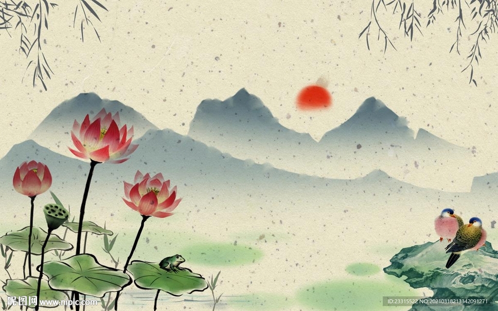 旭日东升荷花山水新中式背景墙