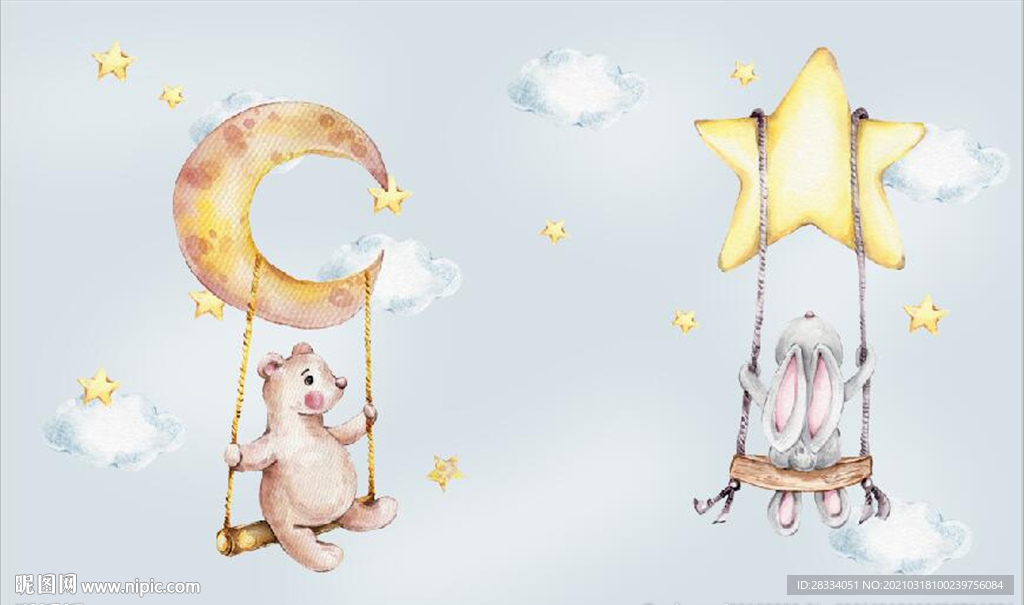 水彩卡通小熊兔子儿童房背景墙