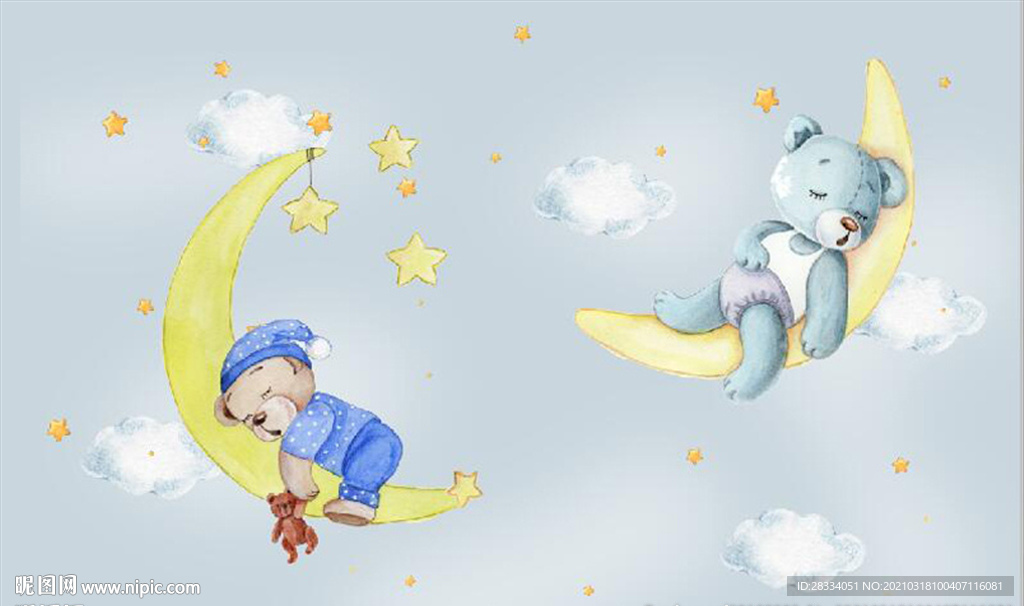 水彩卡通小熊月亮儿童房背景墙