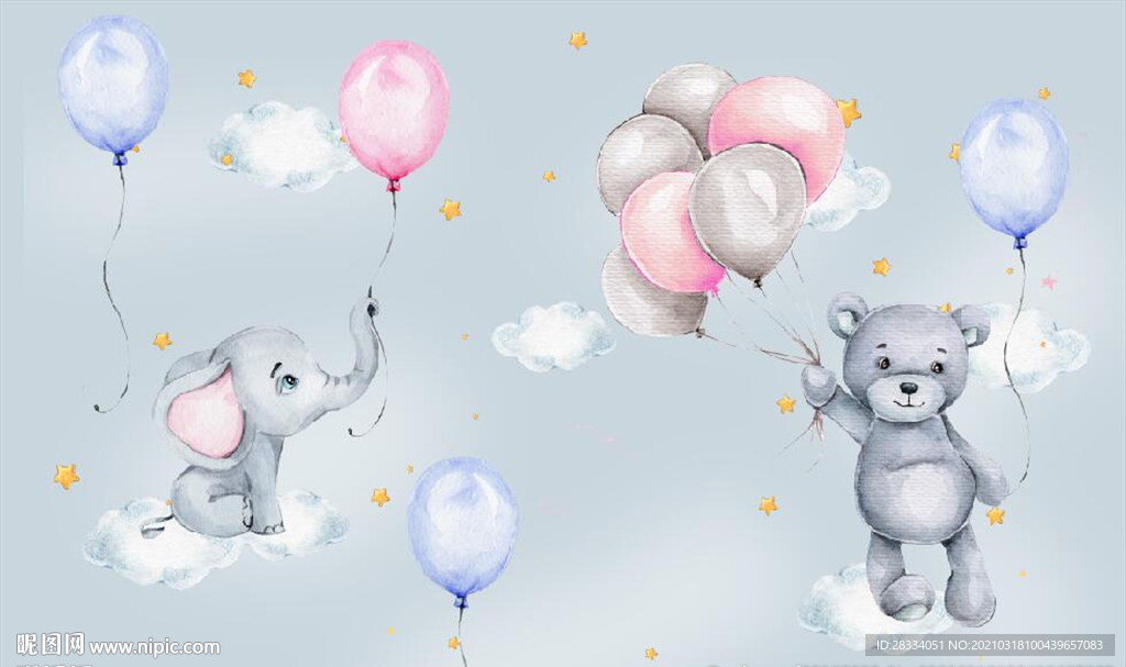 水彩卡通小象气球儿童房背景墙