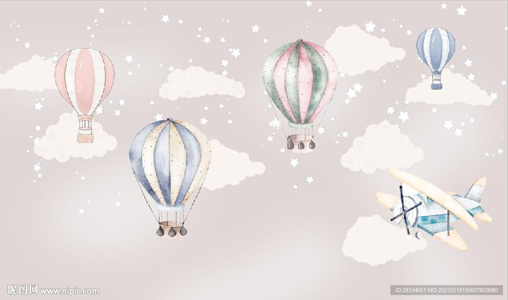 水彩卡通热气球飞机儿童房背景墙