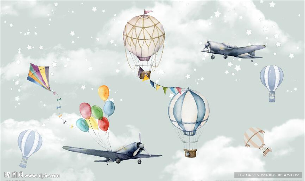水彩卡通飞机热气球儿童房背景墙