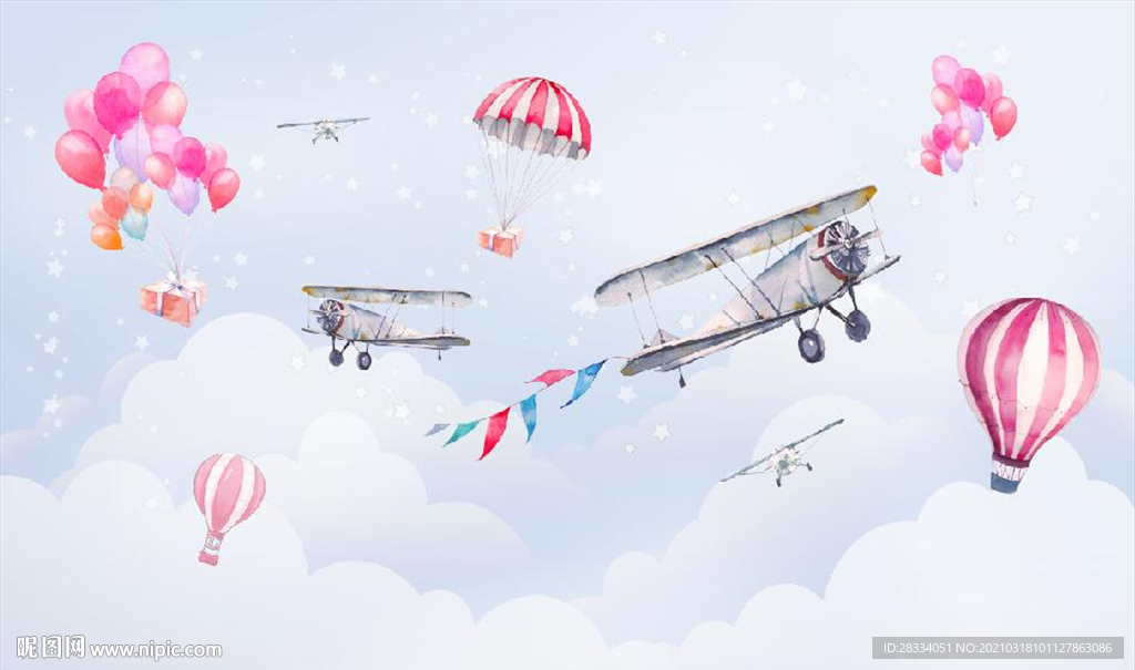 水彩卡通飞机热气球儿童房背景墙