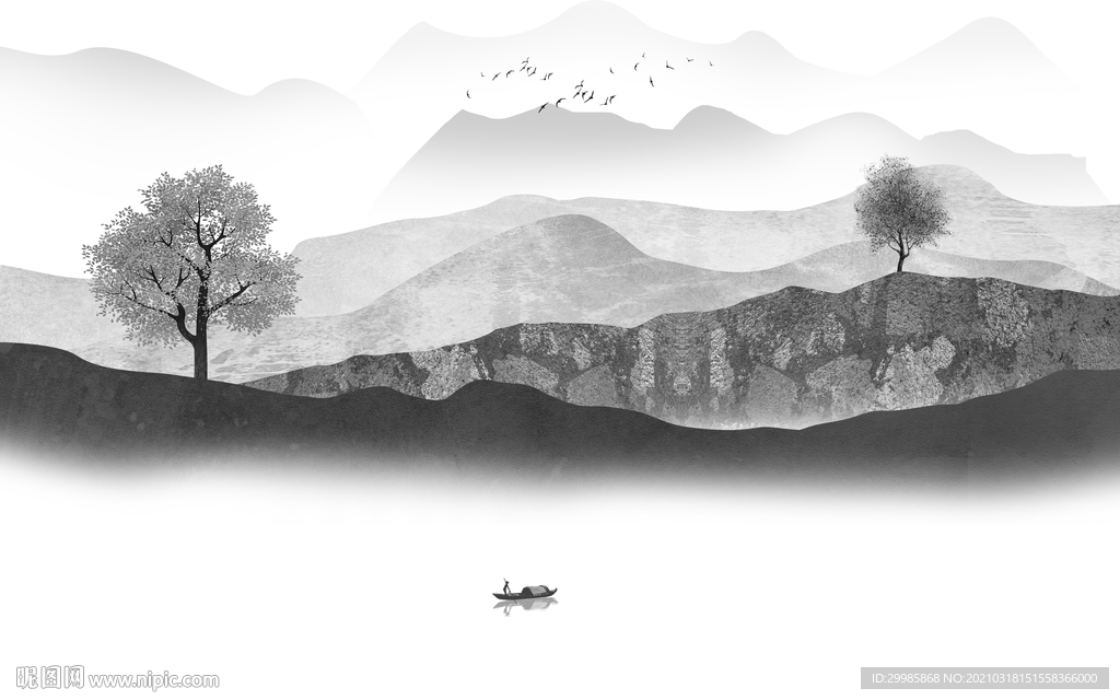 中国风灰色山水新画 tif分层