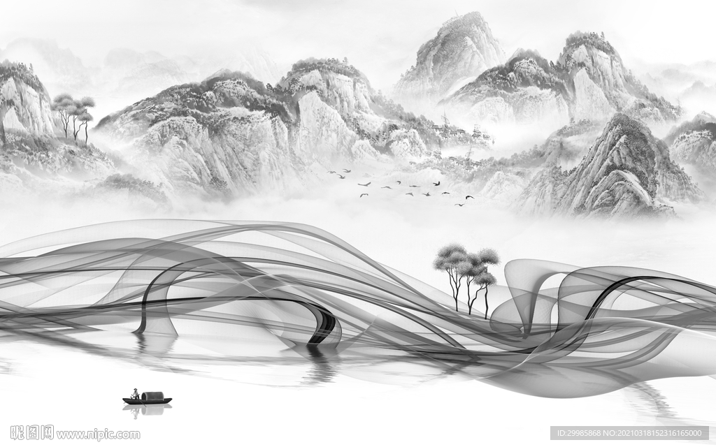 线条新灰色山水画 tif分层