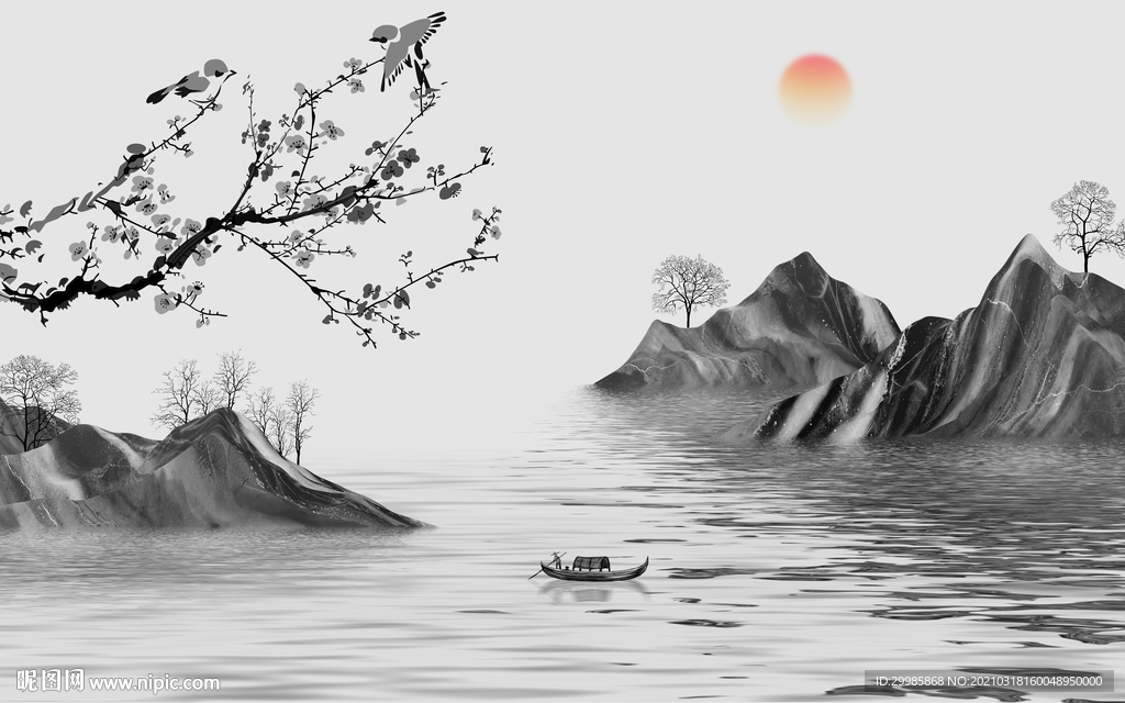 现代 新灰色山水画 tif分层