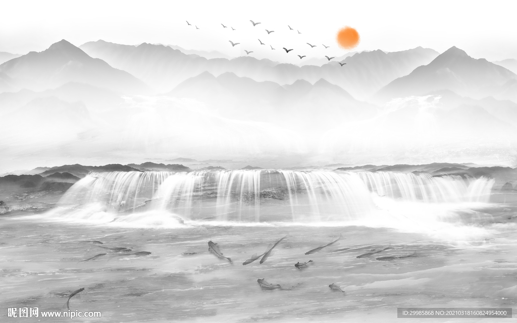 简约新灰色山水画 tif分层