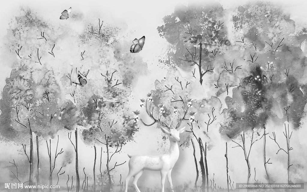 麋鹿新灰色山水画 tif分层