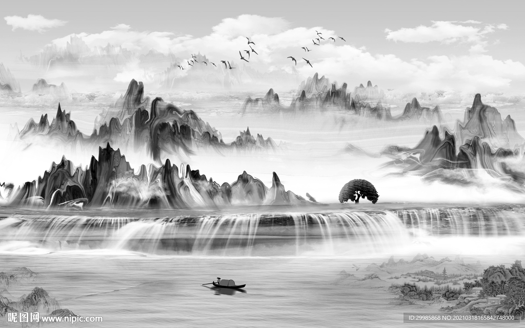 中式新灰色山水画 tif分层