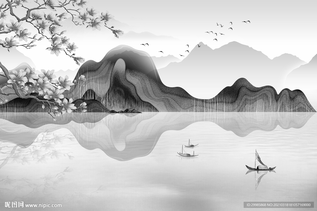 中式新山水灰色画 tif分层