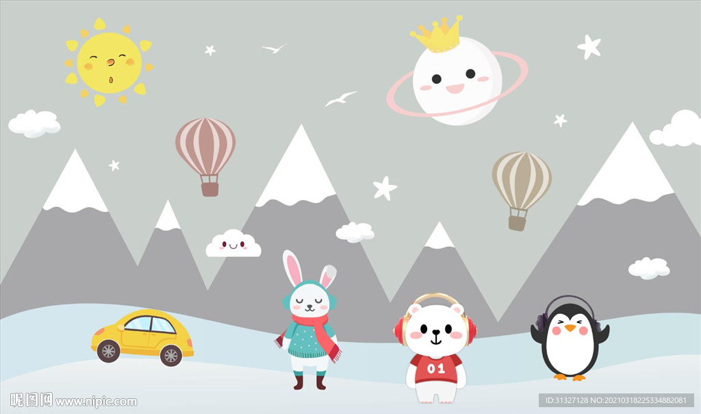 卡通小白兔小熊听音乐背景