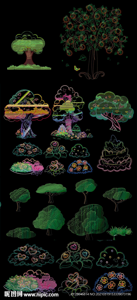 卡通花草树木CAD图库