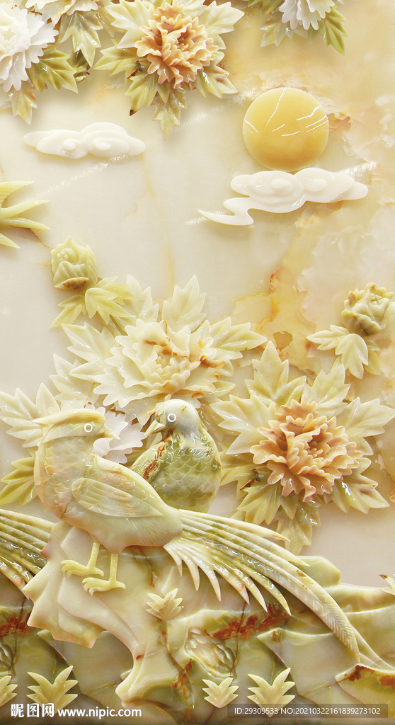 玉雕牡丹花鸟玄关画