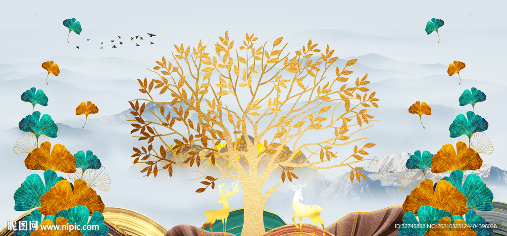 发财树银杏叶装饰画