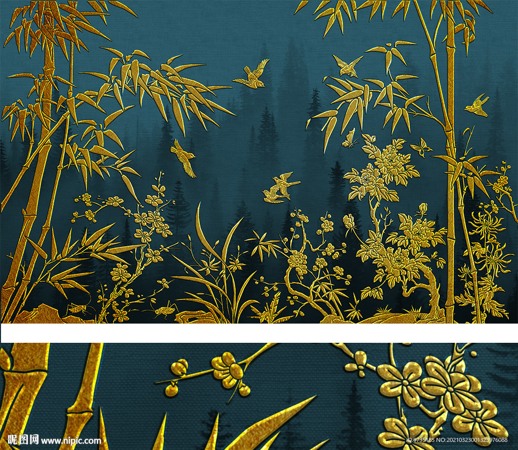 新中式金属浮雕梅兰竹菊壁画背景