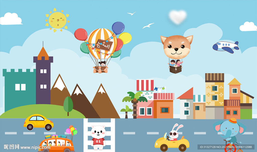 美丽城市汽车房子动物背景图片