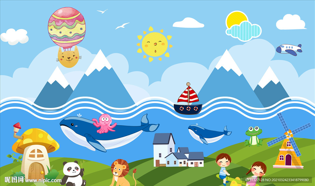 蓝天海边绿地卡通背景墙