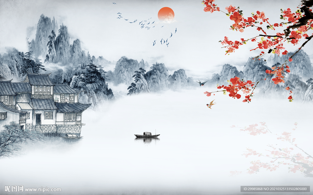 中国风山水画无框画 tif分层