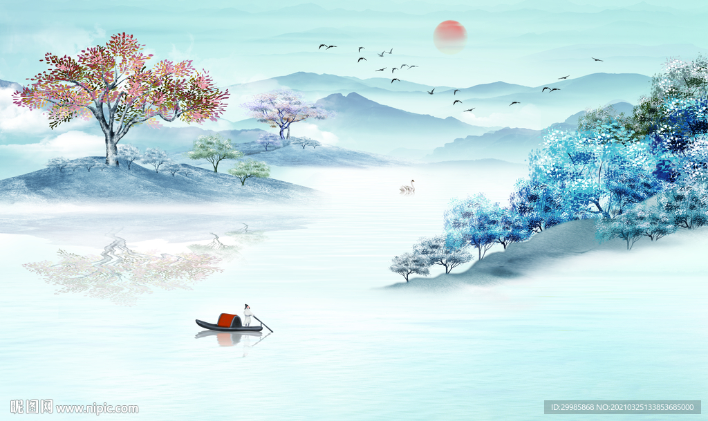 中式山水画无框画 tif分层