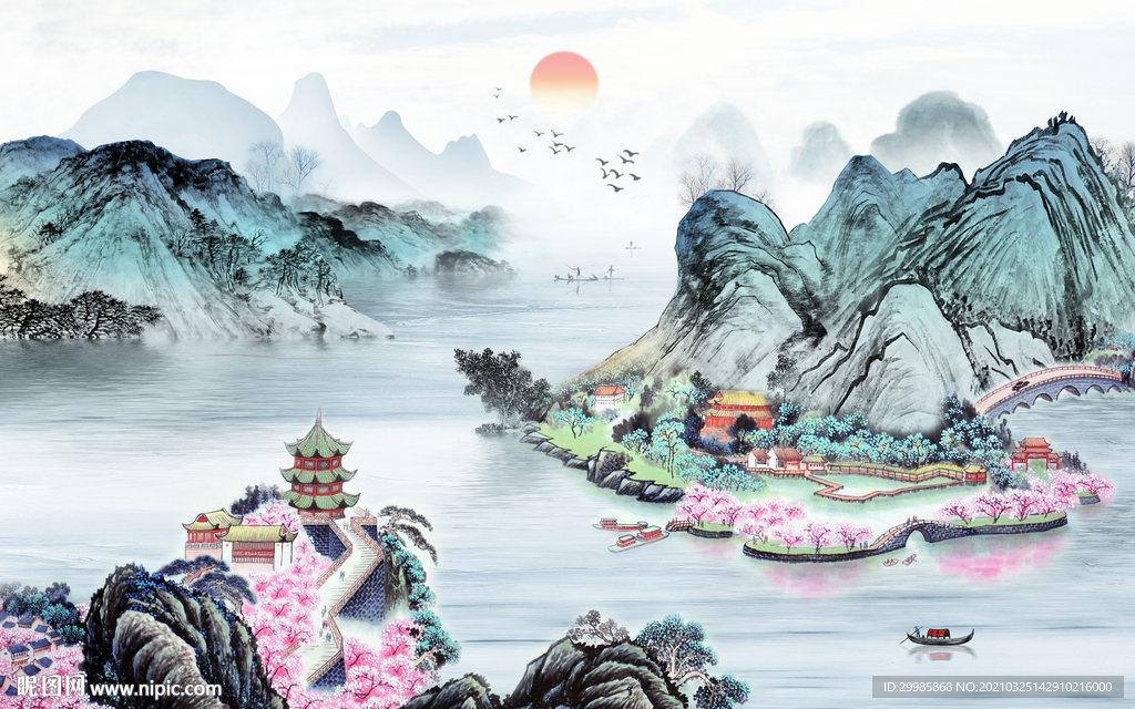 高档 山水画无框画 tif分层