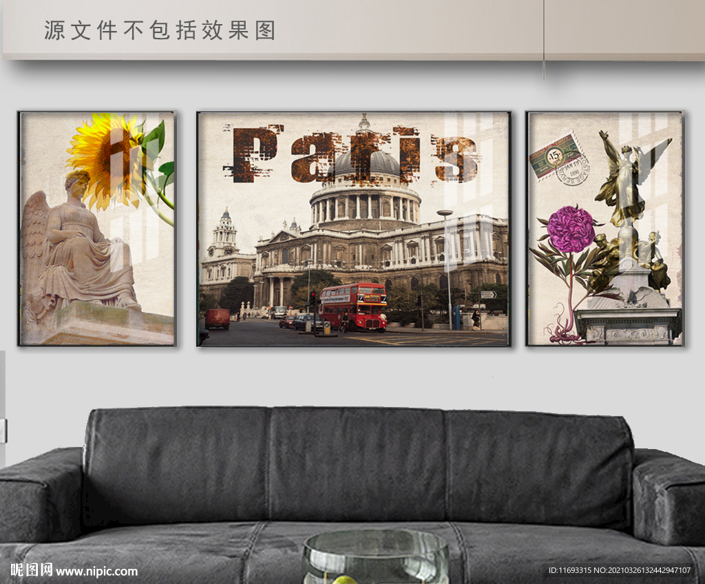 欧式建筑三联画