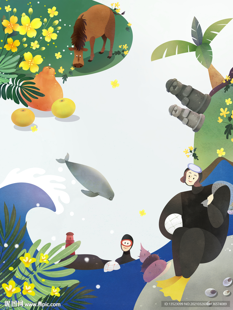 唯美插画 鲸鱼潜水 花朵