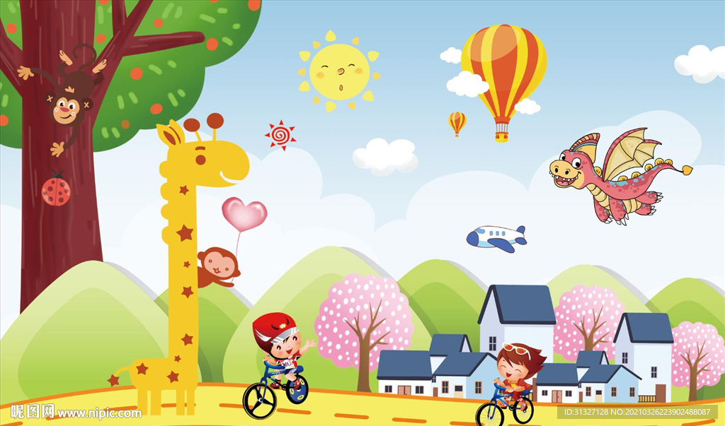 动物树林骑行出游背景墙图片