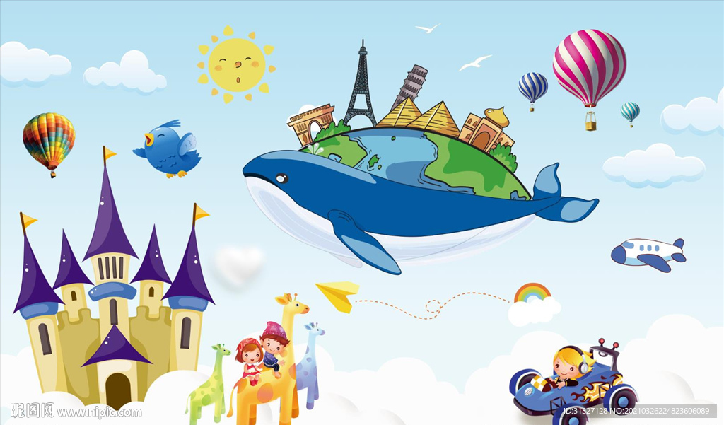 卡通云朵海豚城堡背景墙图片