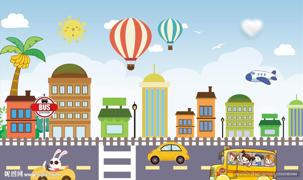 卡通城市房子汽车背景墙图片