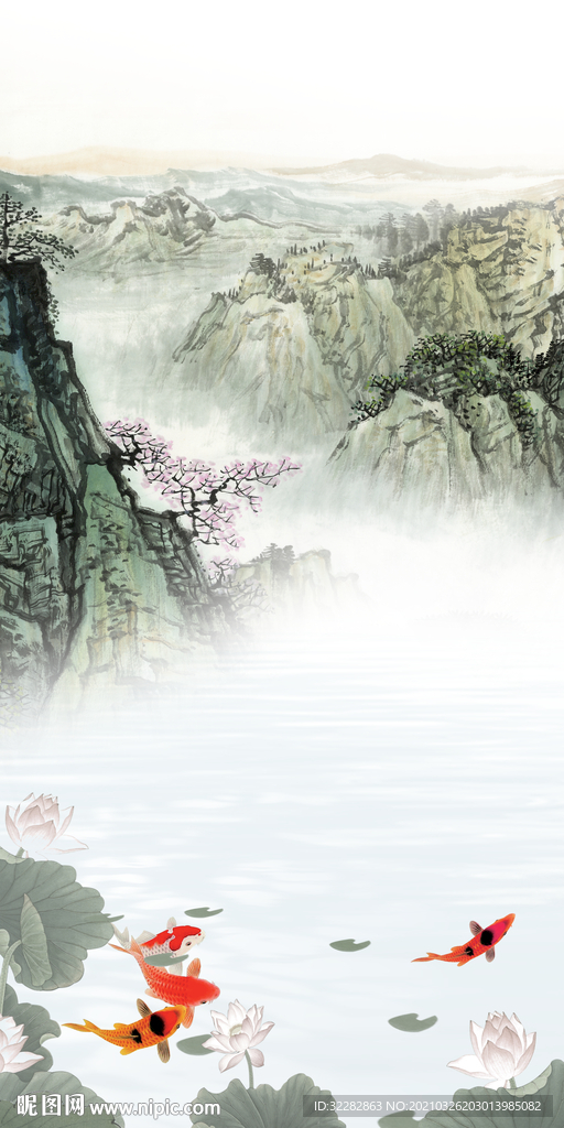 荷花高雅中式玄关画