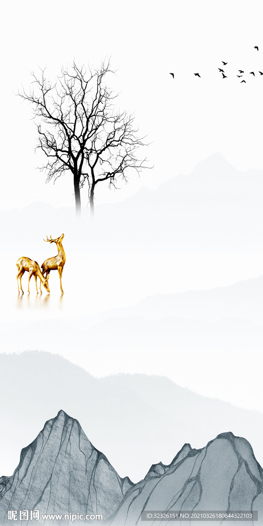 麋鹿 风景山水画 tif分层