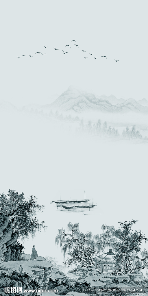 蓝色风景山水画 tif分层