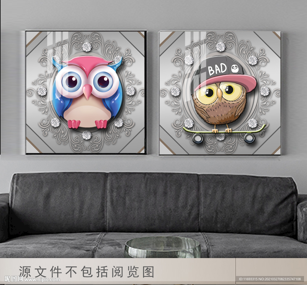 高档卡通客厅小鸟两联画