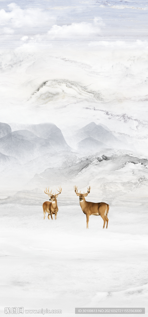 麋鹿山水玄关框画 tif分层