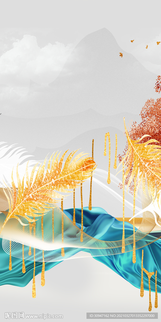 羽毛新高档玄关画 TIF分层