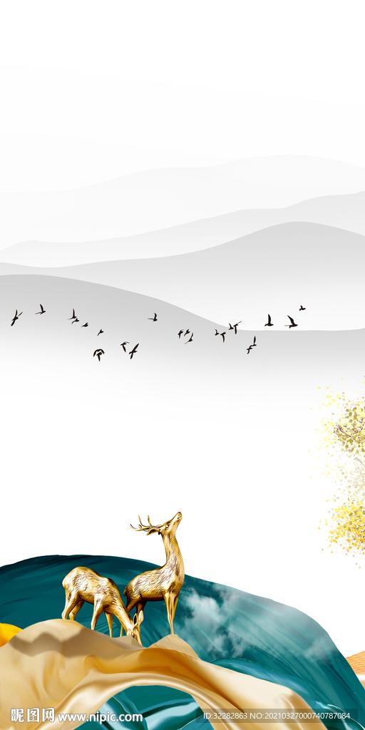 麋鹿高端简约玄关画