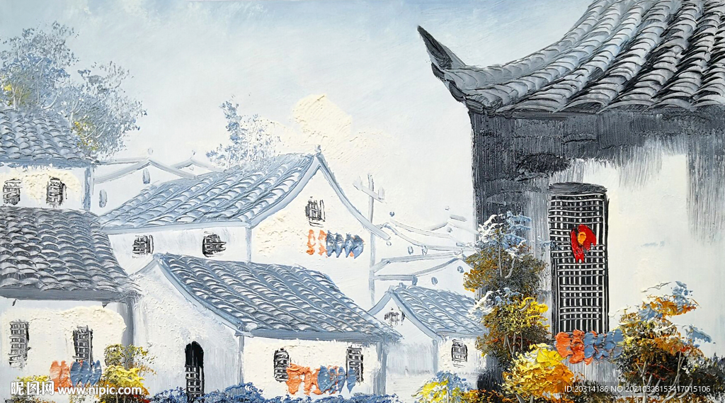 江南古镇水乡油画