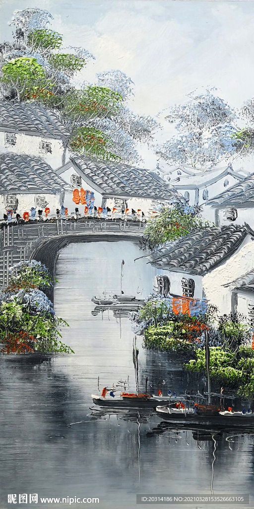 江南水乡小桥流水油画