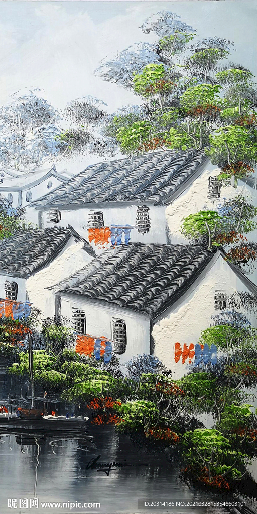 水乡风景油画