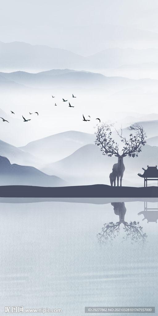 麋鹿意境玄关画 TIF分层