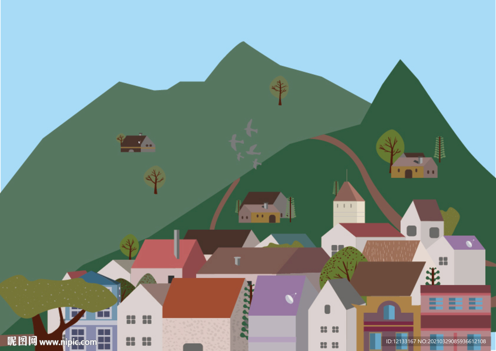 手绘山村