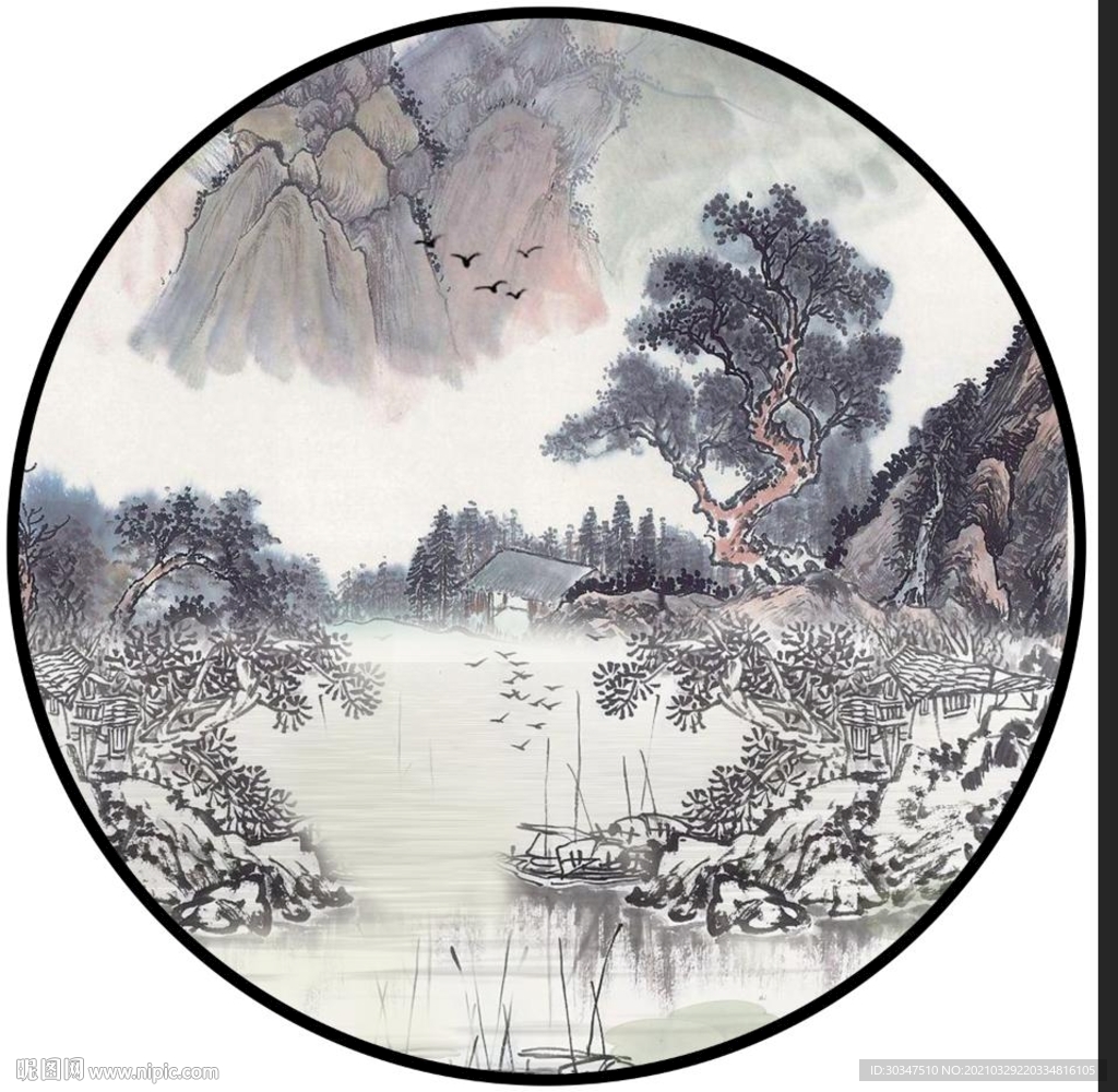 山水情水墨迎客松装饰画小桥流水