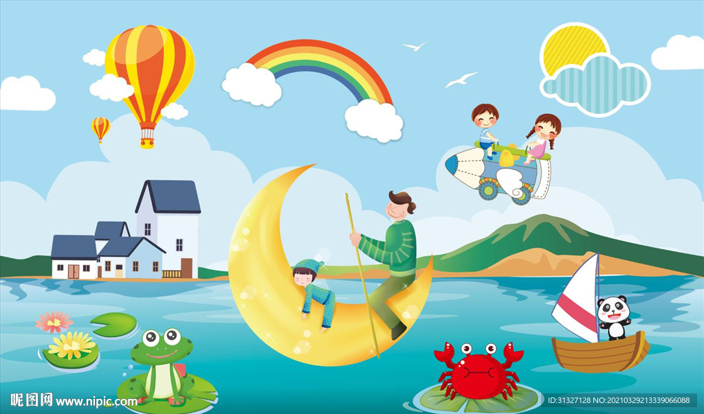 青蛙荷叶湖面月亮山水背景墙