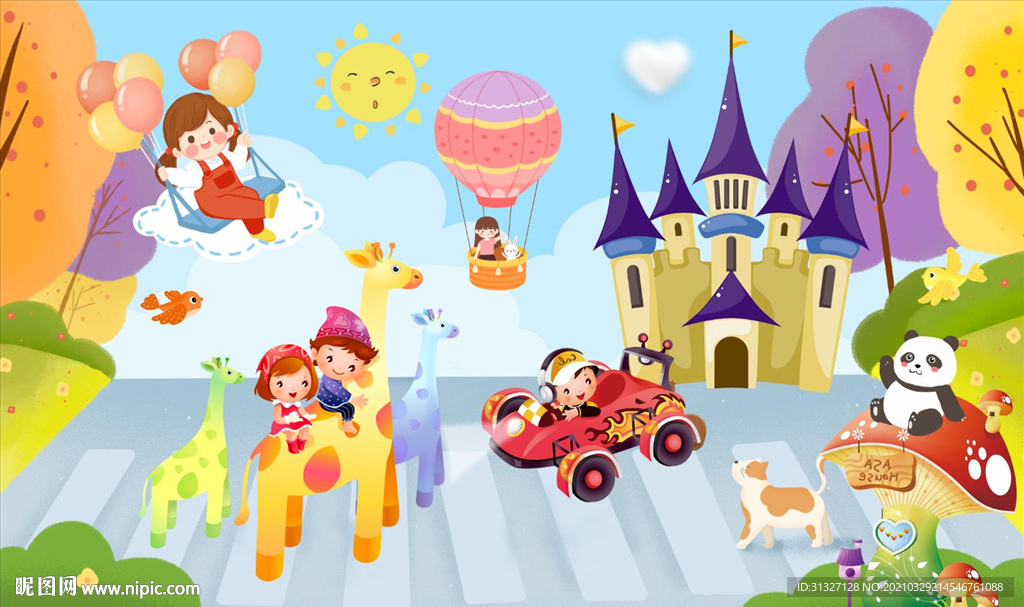 城堡儿童乐园小鹿动物背景墙