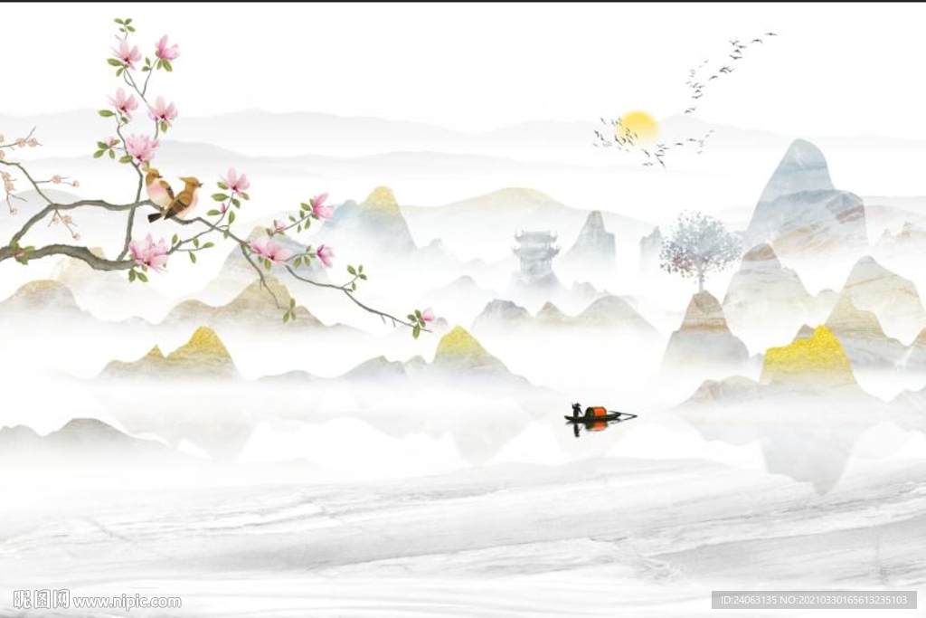 新中式金箔山水玉兰花鸟背景墙